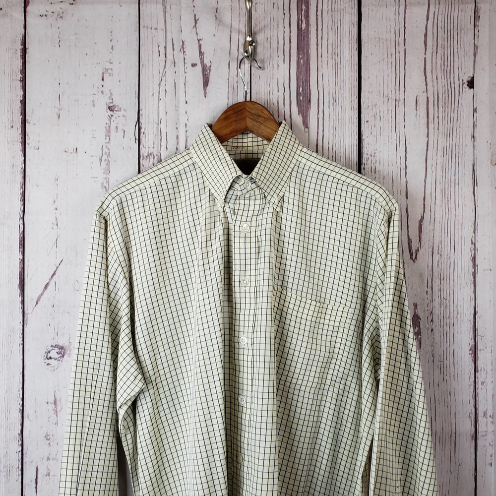 Horse Country Mens Vintage Button Down Shirt Neck Size 16 Checkered Yellow